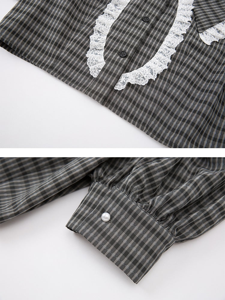 Lace Checked Girly Pleats Blouse＆Short-Skirt