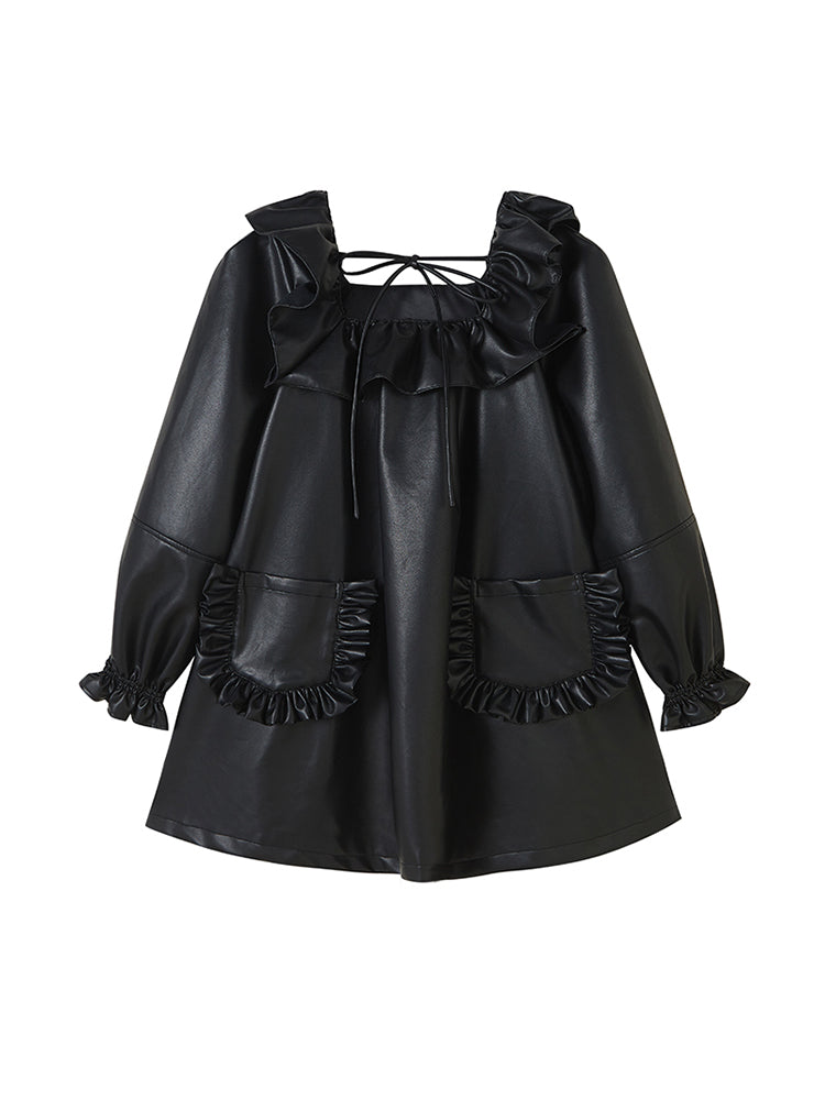 Leather Square Neck Ruffle Doll Dress