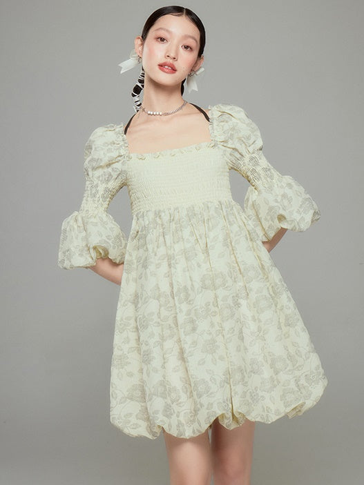 Balloon Flower Princess Puff-sleeves  Gather Retro One-piece