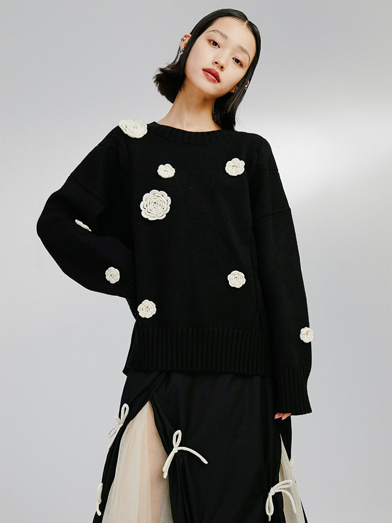 Camellia Hook Flower Retro Loose Sweater