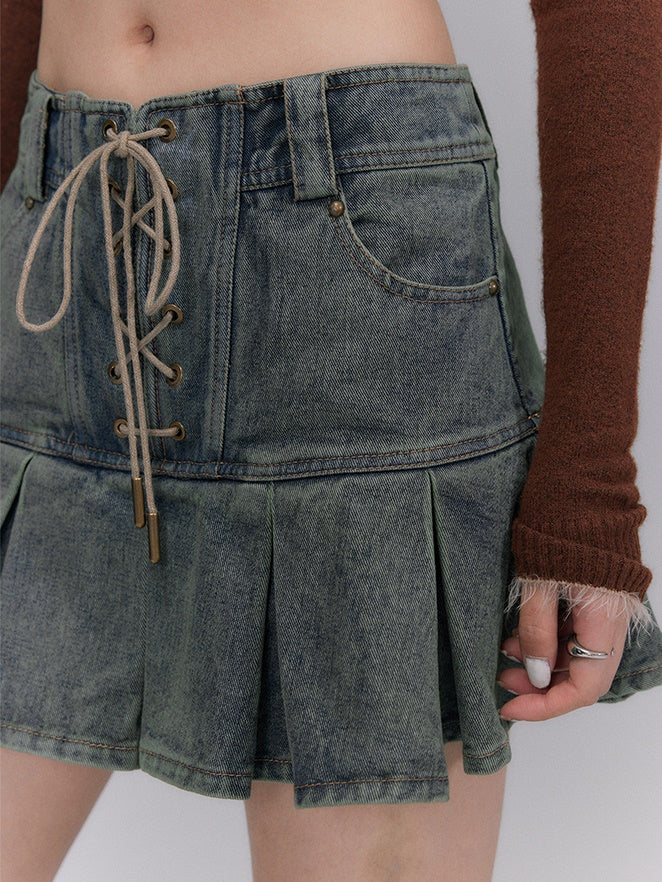 Denim Lace-up Short Retro Girly Skirt