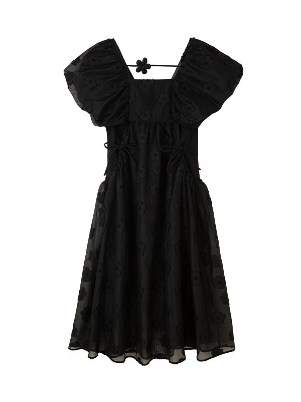 Puff Sleeve Mesh Jacquard Black Dress