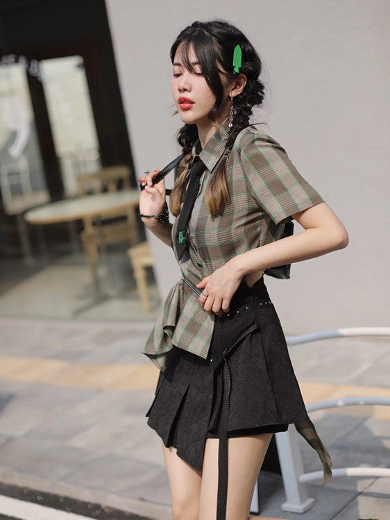 Nichi Fastener Irregular Plaid Blouse