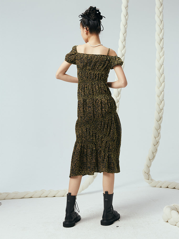 Cutout Irregular Crinkled Off-the-shoulder Dress