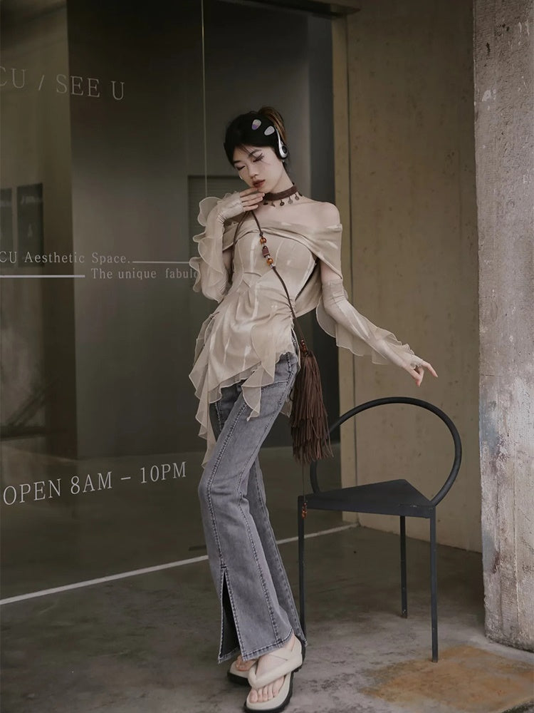 Denim Front-cut Casaual Flare-Pants