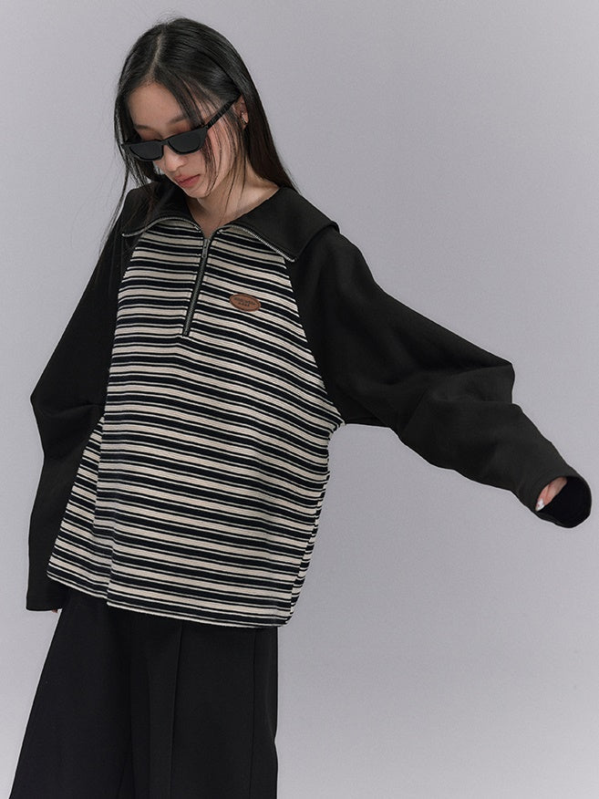 Border Casual Retro Oversize Harf-zip Tops