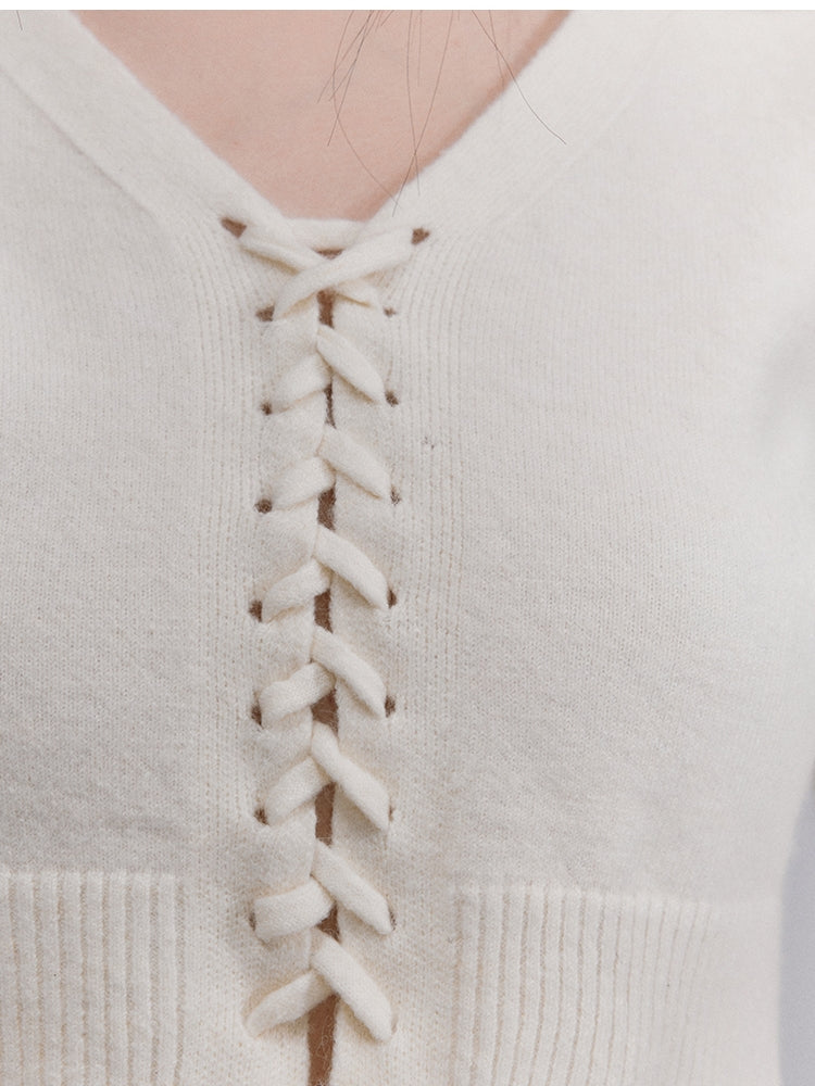 Lace-up V-neck Retro Cropped Knit