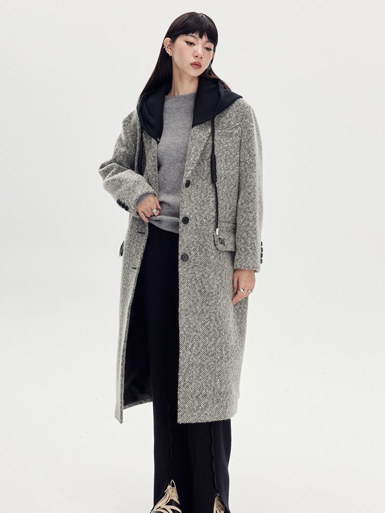 Bi-color Hoodie Long Casual Wool-Coat