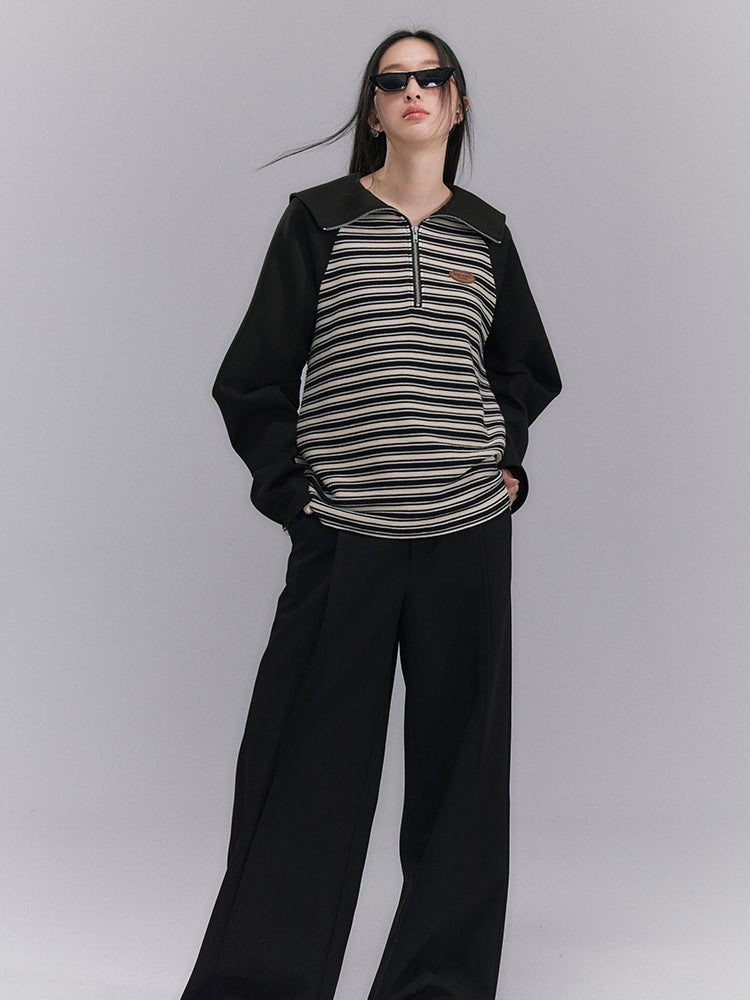 Border Casual Retro Oversize Harf-zip Tops