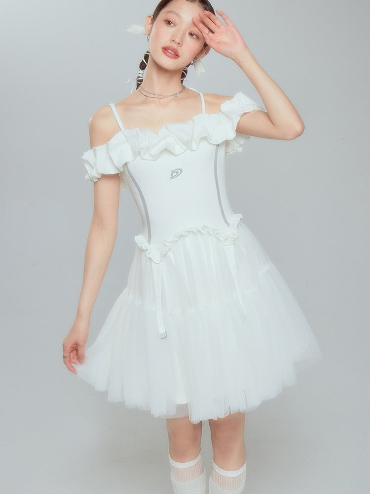 Off-shoulder Frill Ciffon Tutu Tight One-piece