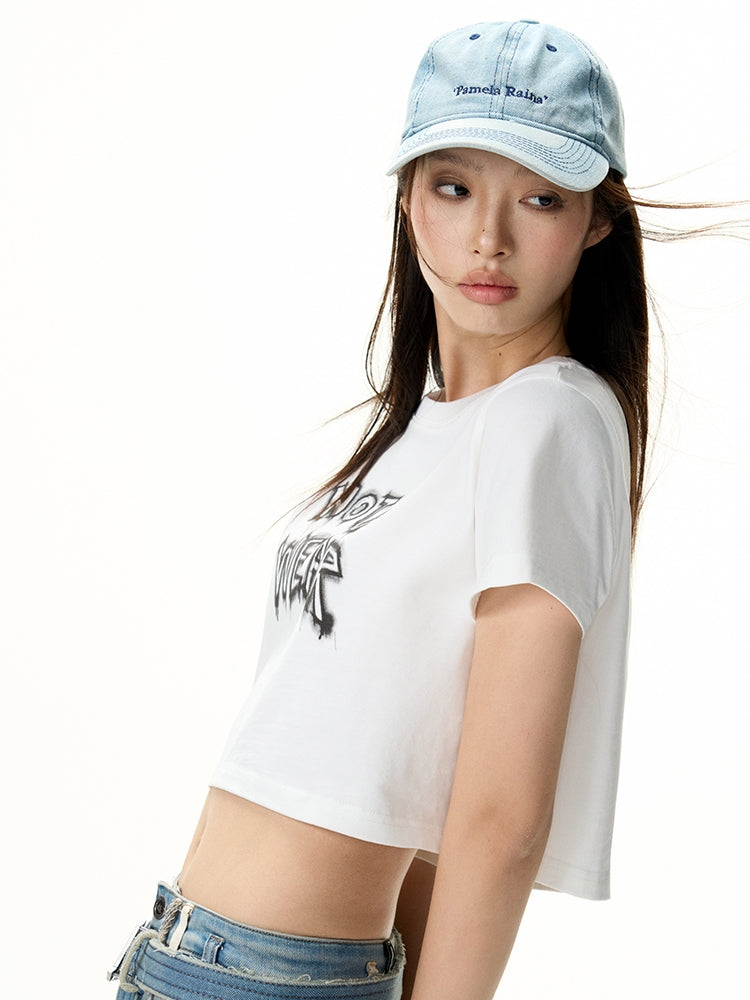 Cropped Casual Spray Handwriting T-Shirt