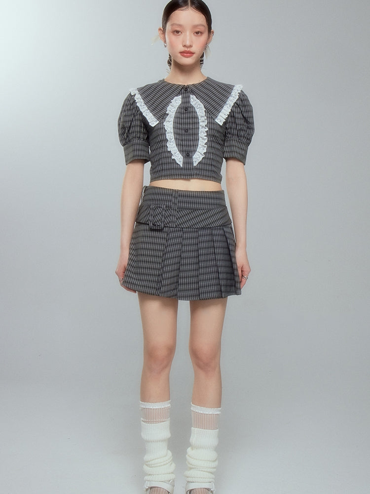 Lace Checked Girly Pleats Blouse＆Short-Skirt