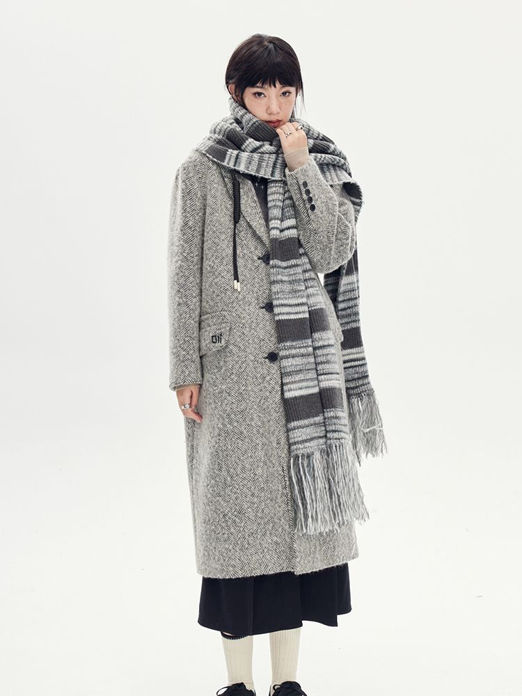 Bi-color Hoodie Long Casual Wool-Coat