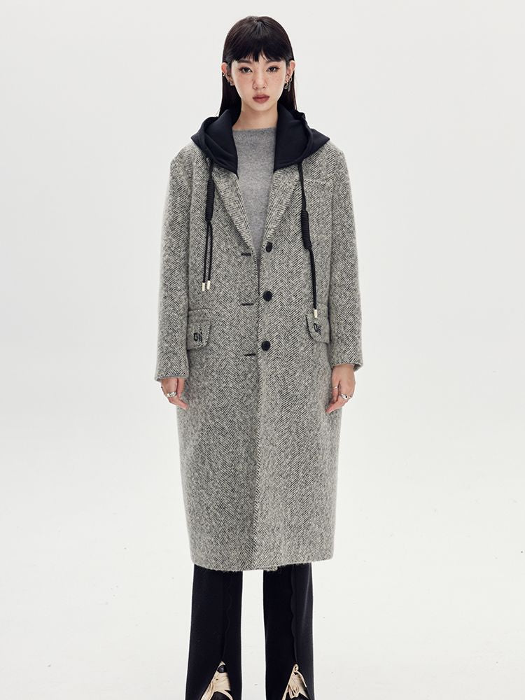 Bi-color Hoodie Long Casual Wool-Coat