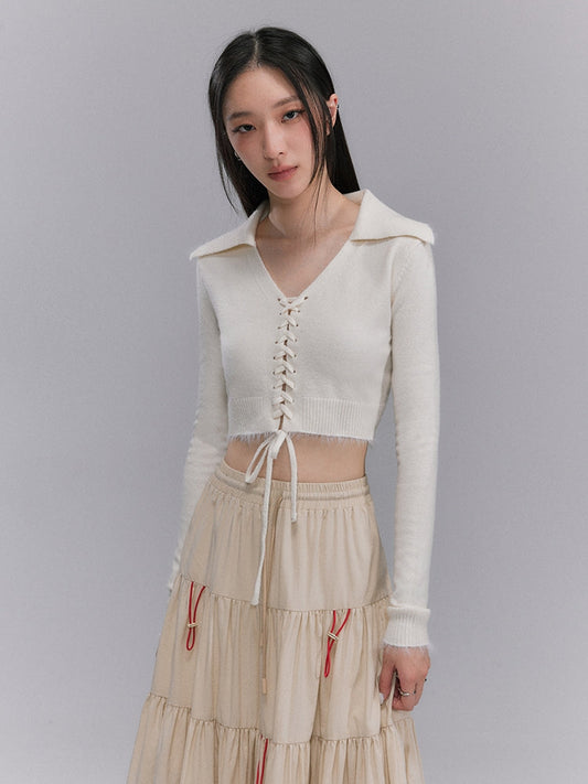 Lace-up V-neck Retro Cropped Knit