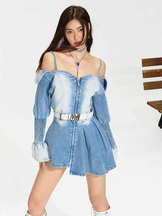 Faded Denim Off-shoulder Short One-piece