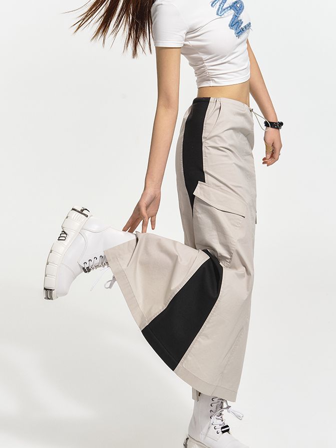 Bi-color Long Casual Flare Skirt