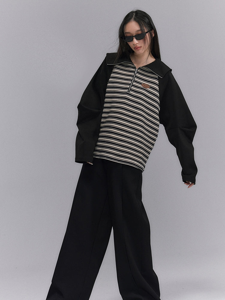 Border Casual Retro Oversize Harf-zip Tops