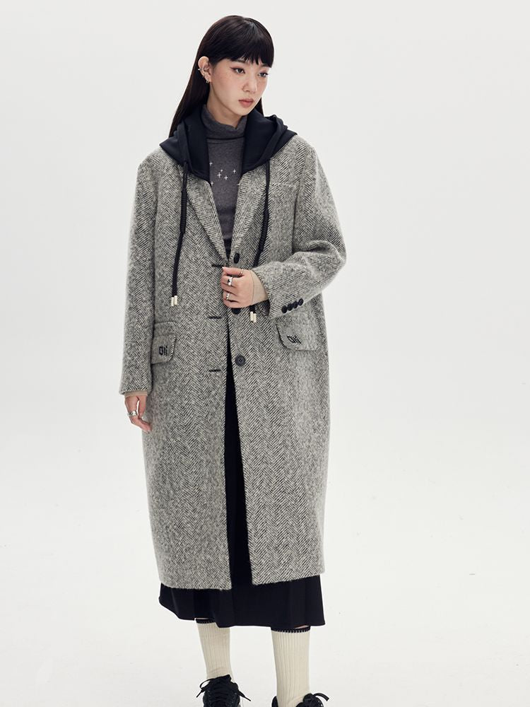 Bi-color Hoodie Long Casual Wool-Coat