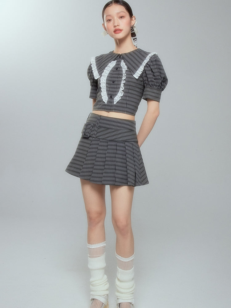 Lace Checked Girly Pleats Blouse＆Short-Skirt