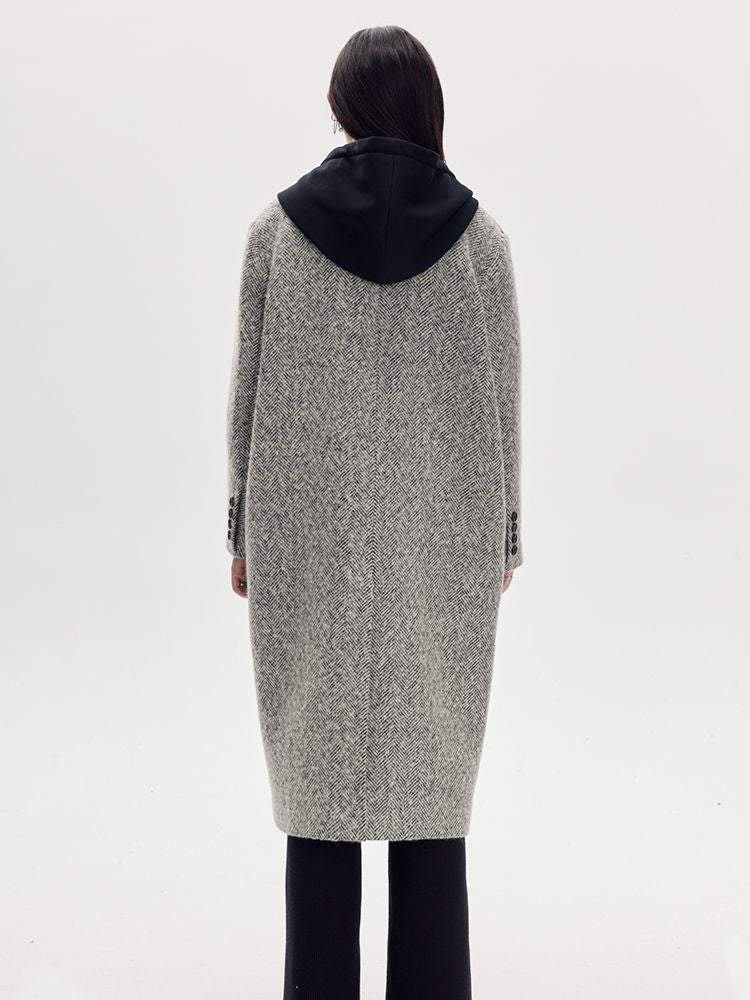 Bi-color Hoodie Long Casual Wool-Coat