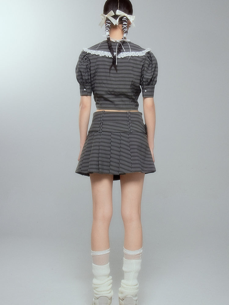 Lace Checked Girly Pleats Blouse＆Short-Skirt