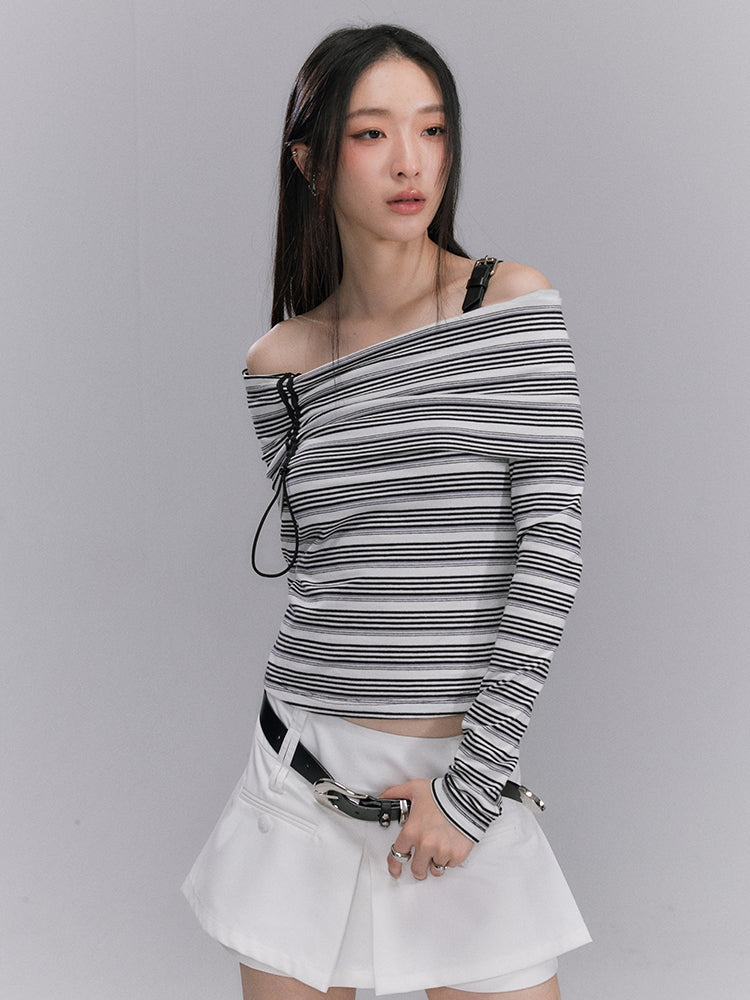 Wrap Off-shoulder Border Slim Strap Tops