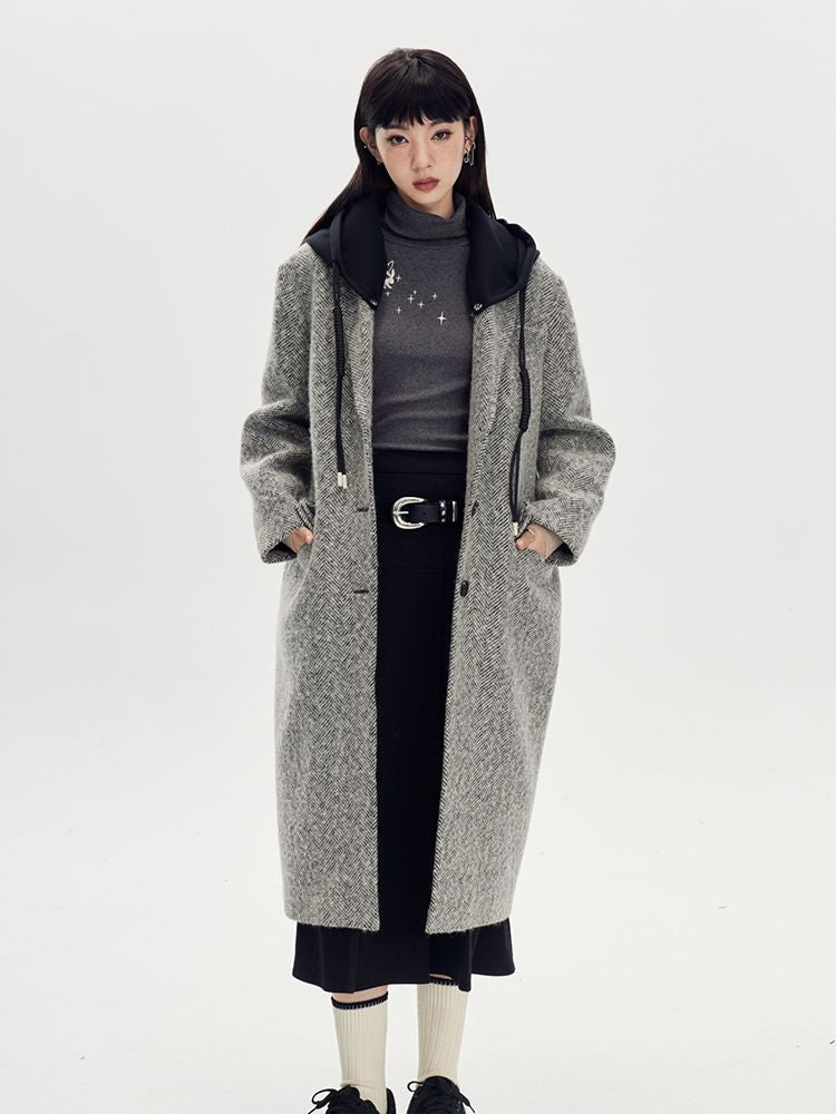 Bi-color Hoodie Long Casual Wool-Coat