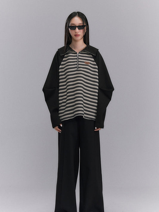 Border Casual Retro Oversize Harf-zip Tops