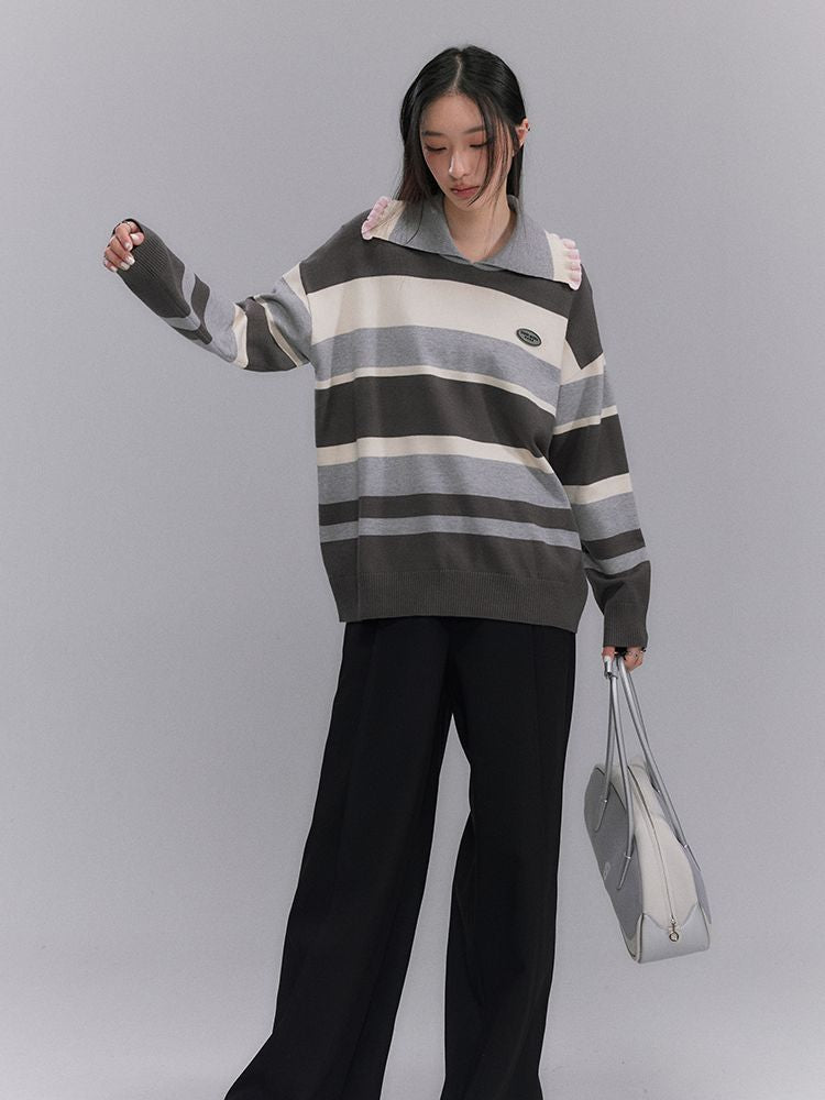 Border Shoulder-frill Casual Knit