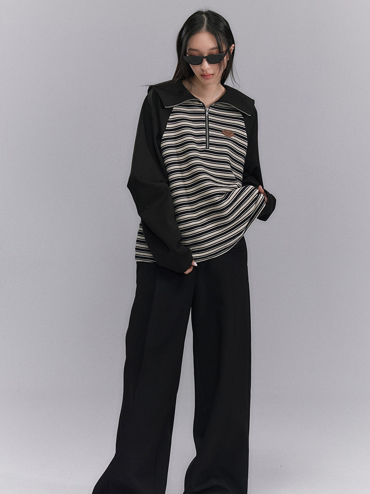 Border Casual Retro Oversize Harf-zip Tops