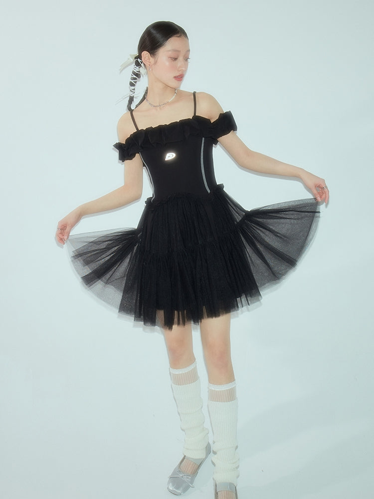 Off-shoulder Frill Ciffon Tutu Tight One-piece