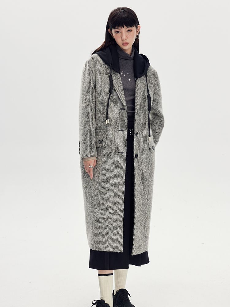 Bi-color Hoodie Long Casual Wool-Coat