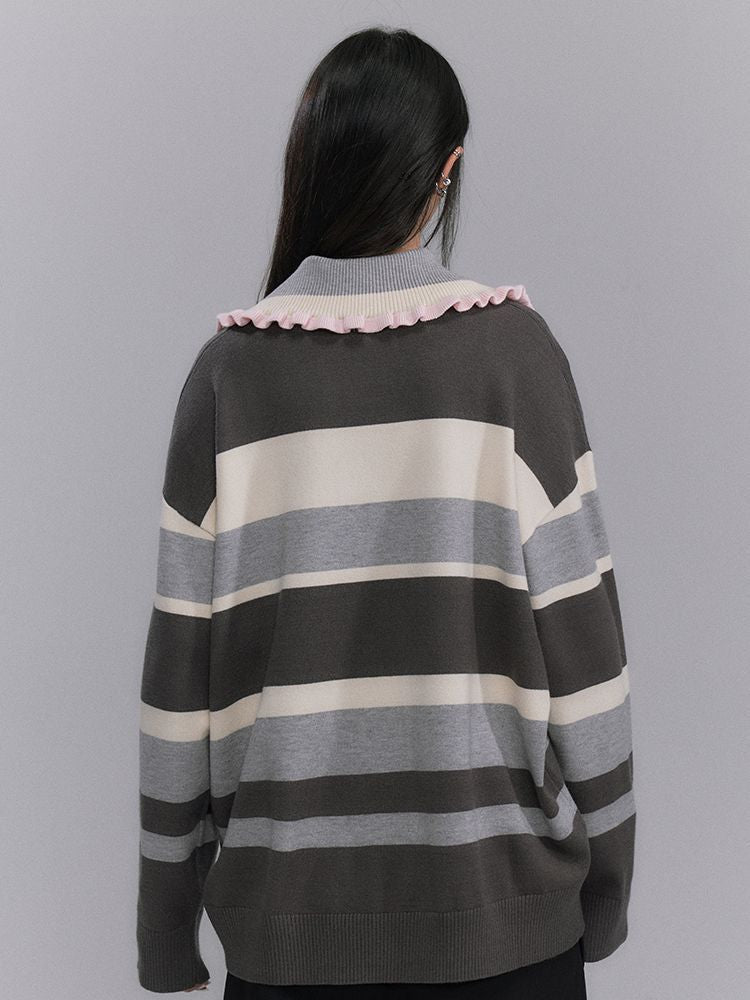 Border Shoulder-frill Casual Knit