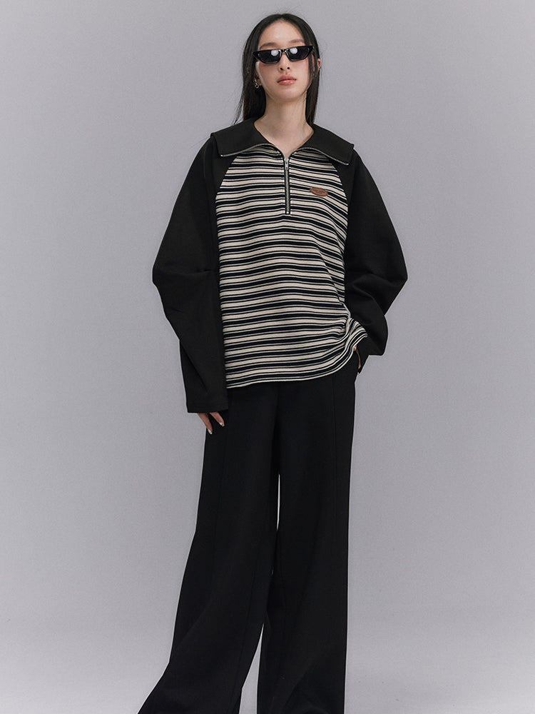 Border Casual Retro Oversize Harf-zip Tops