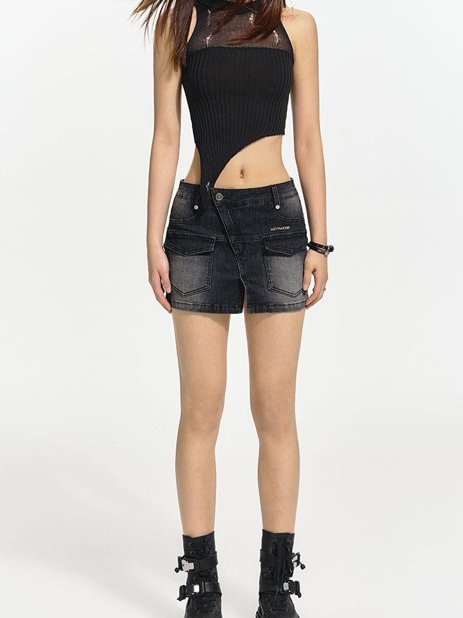 Micro-min Denim Slit Casual Dark Skirt