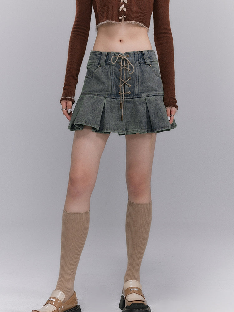 Denim Lace-up Short Retro Girly Skirt