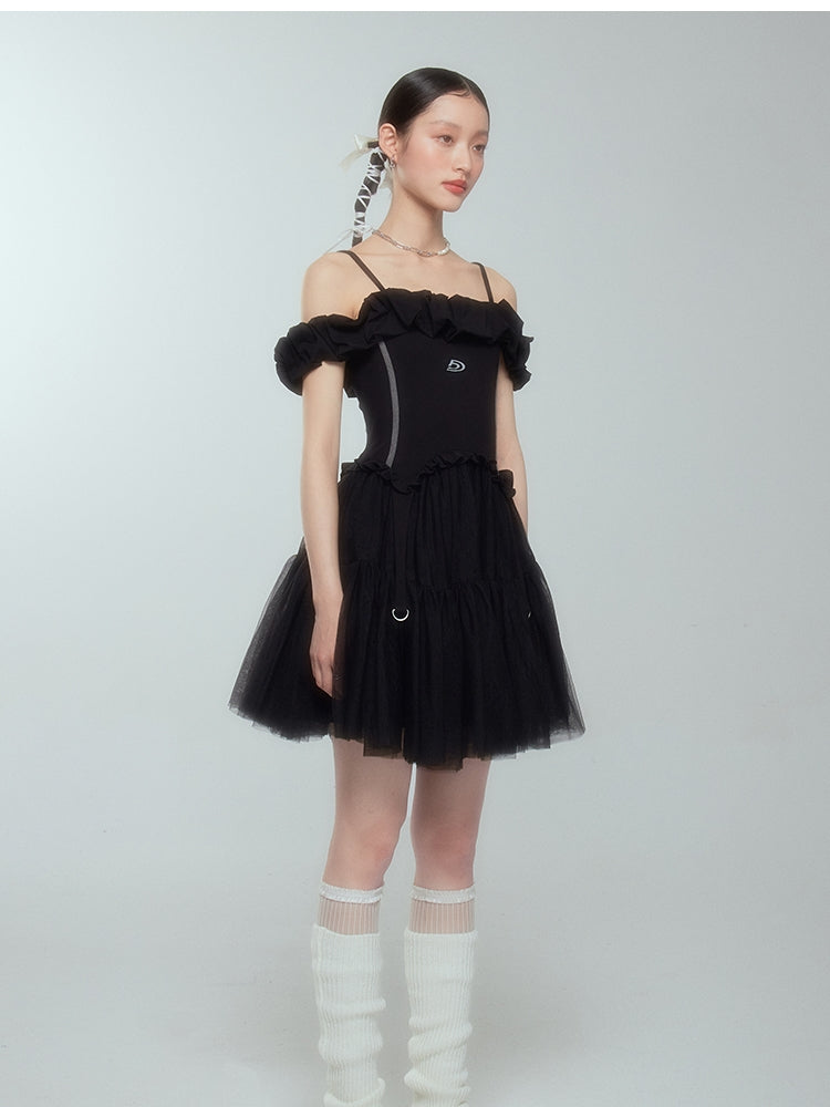 Off-shoulder Frill Ciffon Tutu Tight One-piece