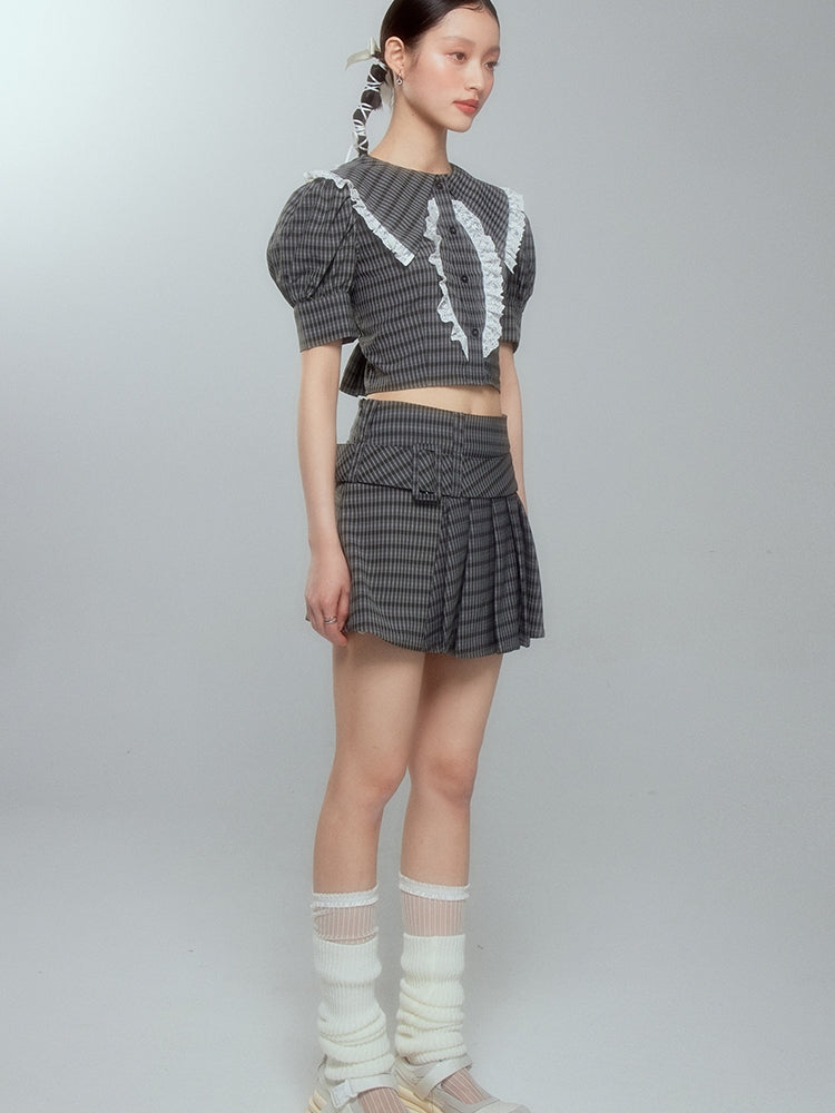 Lace Checked Girly Pleats Blouse＆Short-Skirt