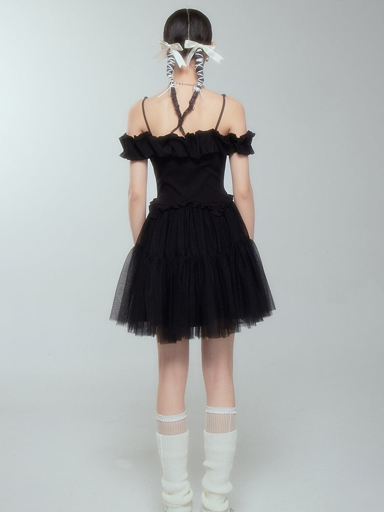 Off-shoulder Frill Ciffon Tutu Tight One-piece