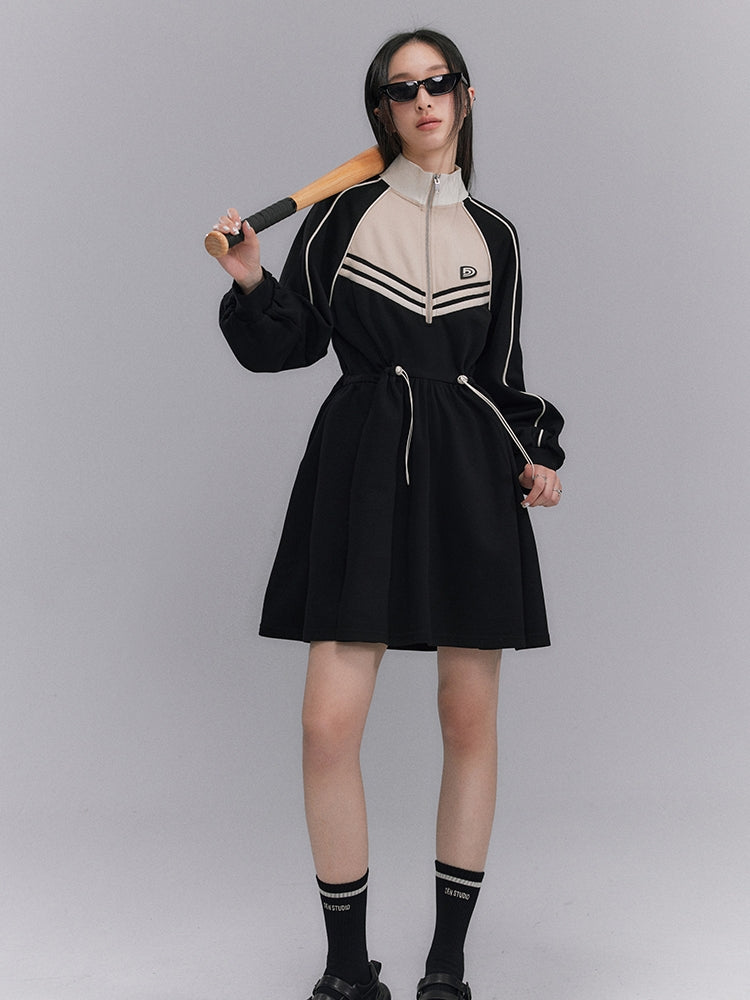 Drawstring Sporty Flare Stand-collar One-piece