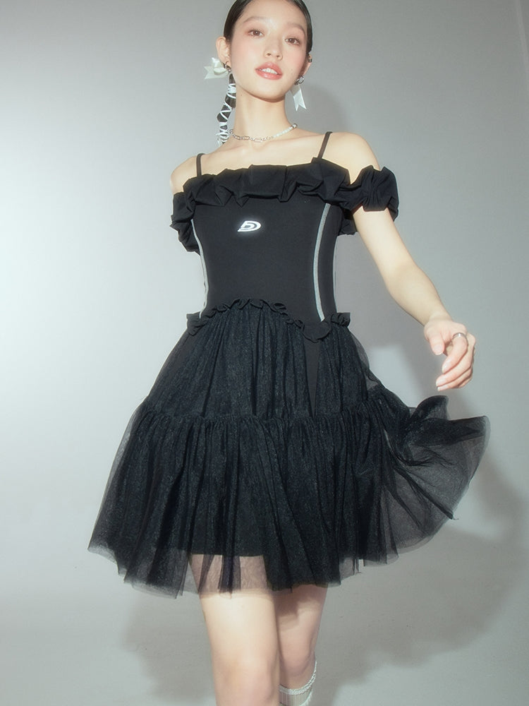 Off-shoulder Frill Ciffon Tutu Tight One-piece