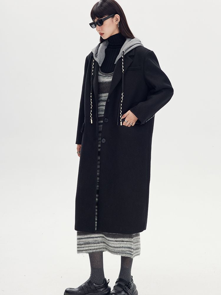 Bi-color Hoodie Long Casual Coat