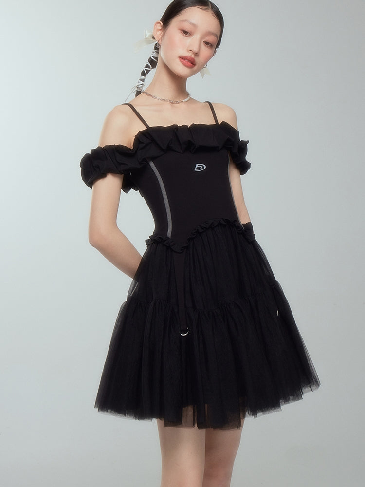 Off-shoulder Frill Ciffon Tutu Tight One-piece