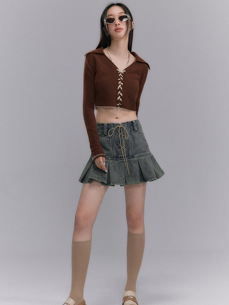 Lace-up V-neck Retro Cropped Knit