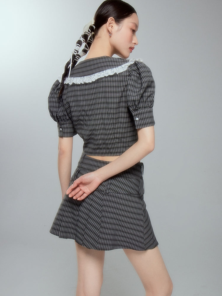 Lace Checked Girly Pleats Blouse＆Short-Skirt