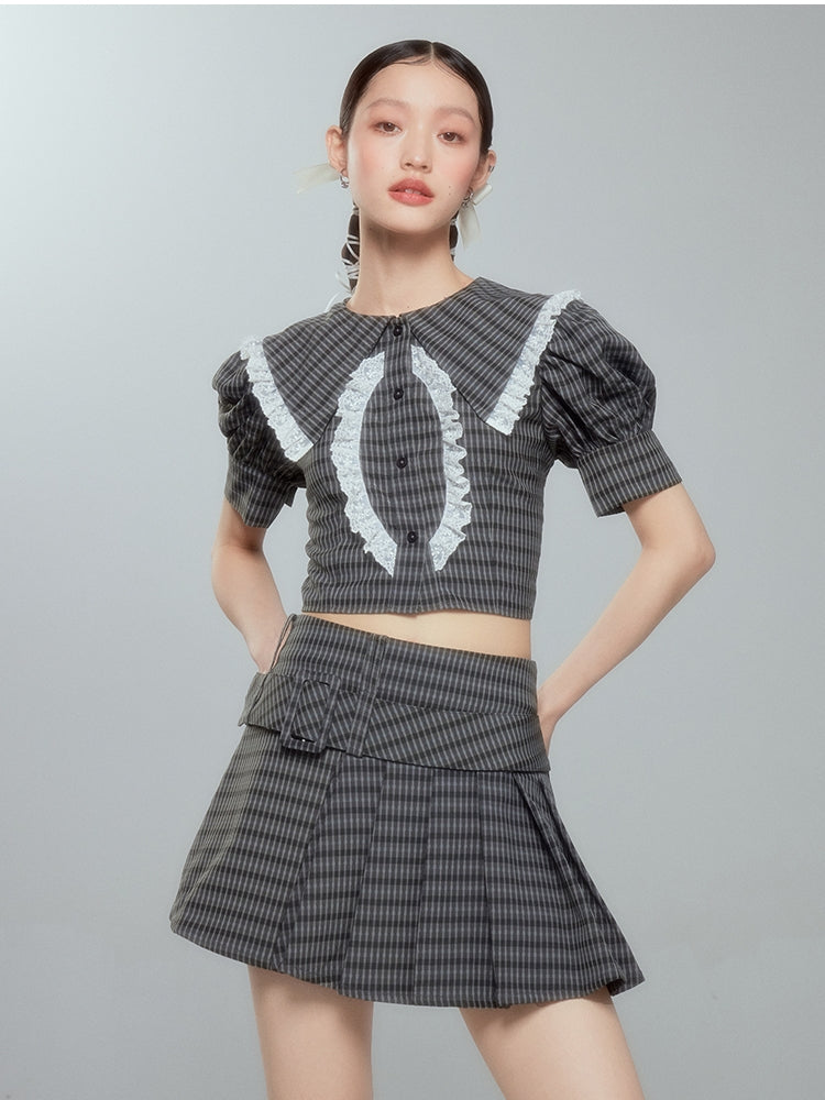 Lace Checked Girly Pleats Blouse＆Short-Skirt