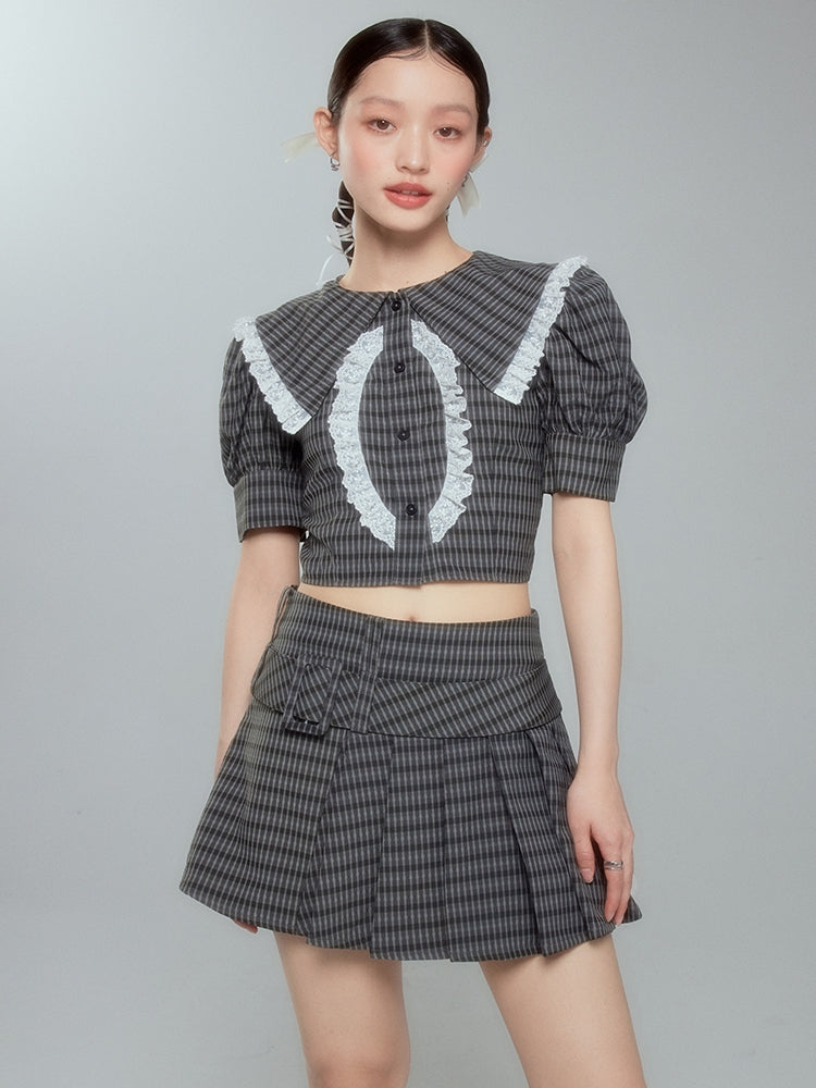 Lace Checked Girly Pleats Blouse＆Short-Skirt