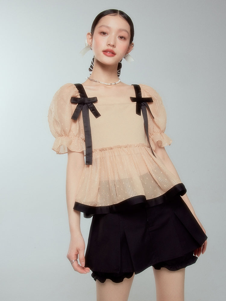 Ribbon Sheer Peplum Candy-sleeve Blouse