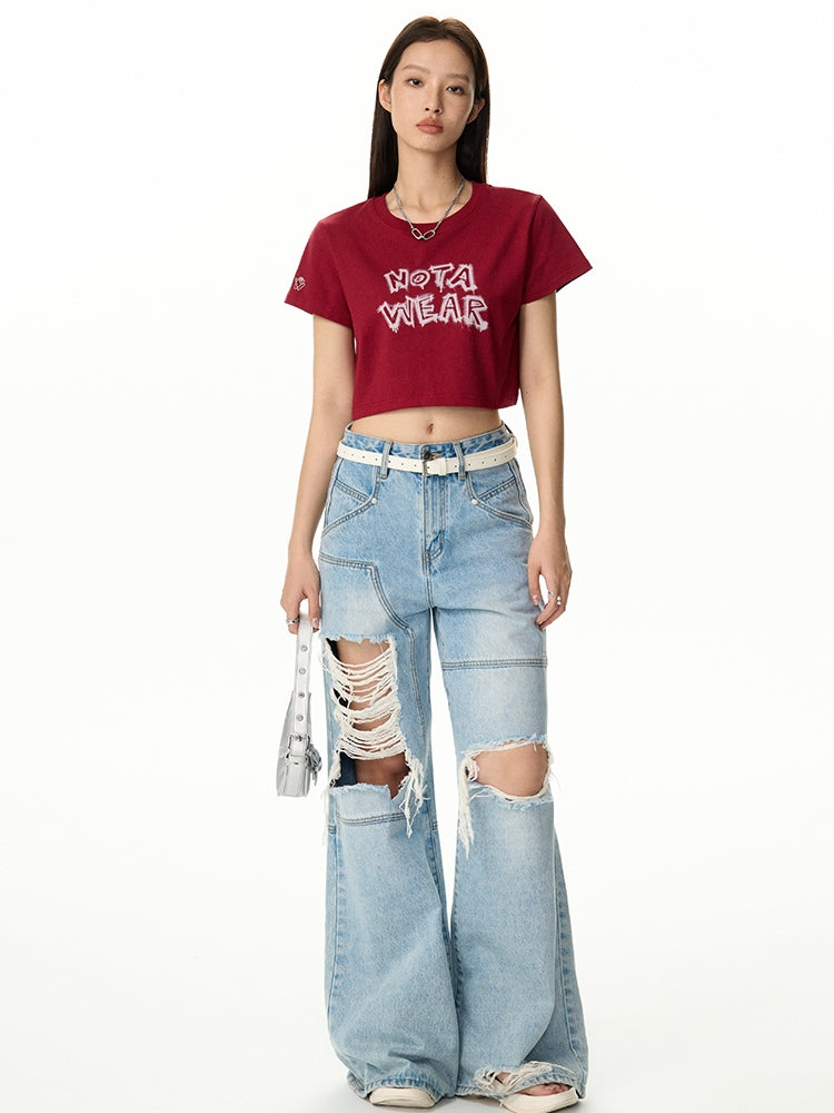 Cropped Casual Spray Handwriting T-Shirt